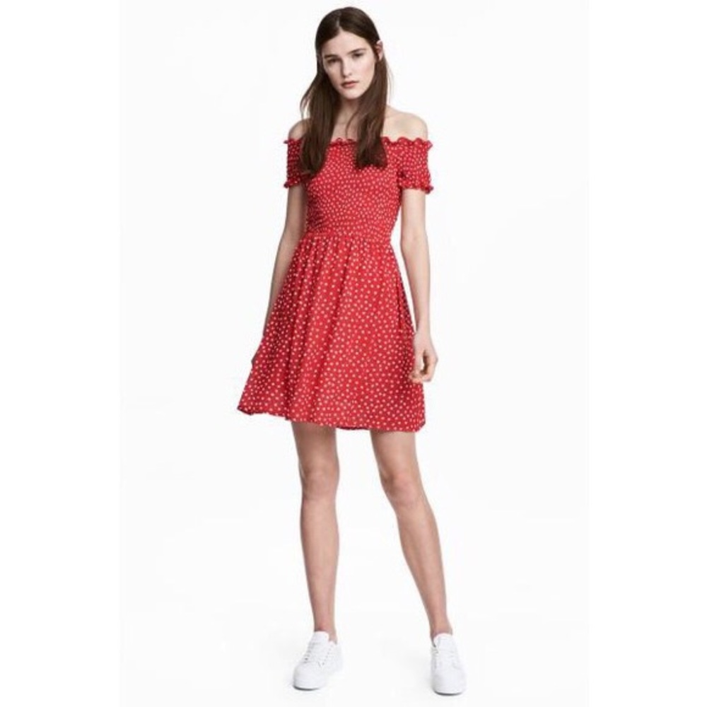 H&M Smocked Red & White Polka Dot Dress